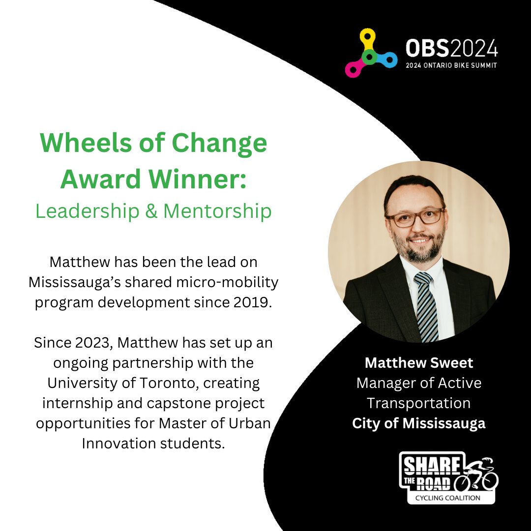 At #OBS2024, STR’s Board of Directors selected two Wheels of Change: Leadership & Mentorship recipients who demonstrated excellence and stimulated capacity and strength development among colleagues. Congratulations to Zibby Petch @ibigroup and Matthew Sweet @citymississauga!