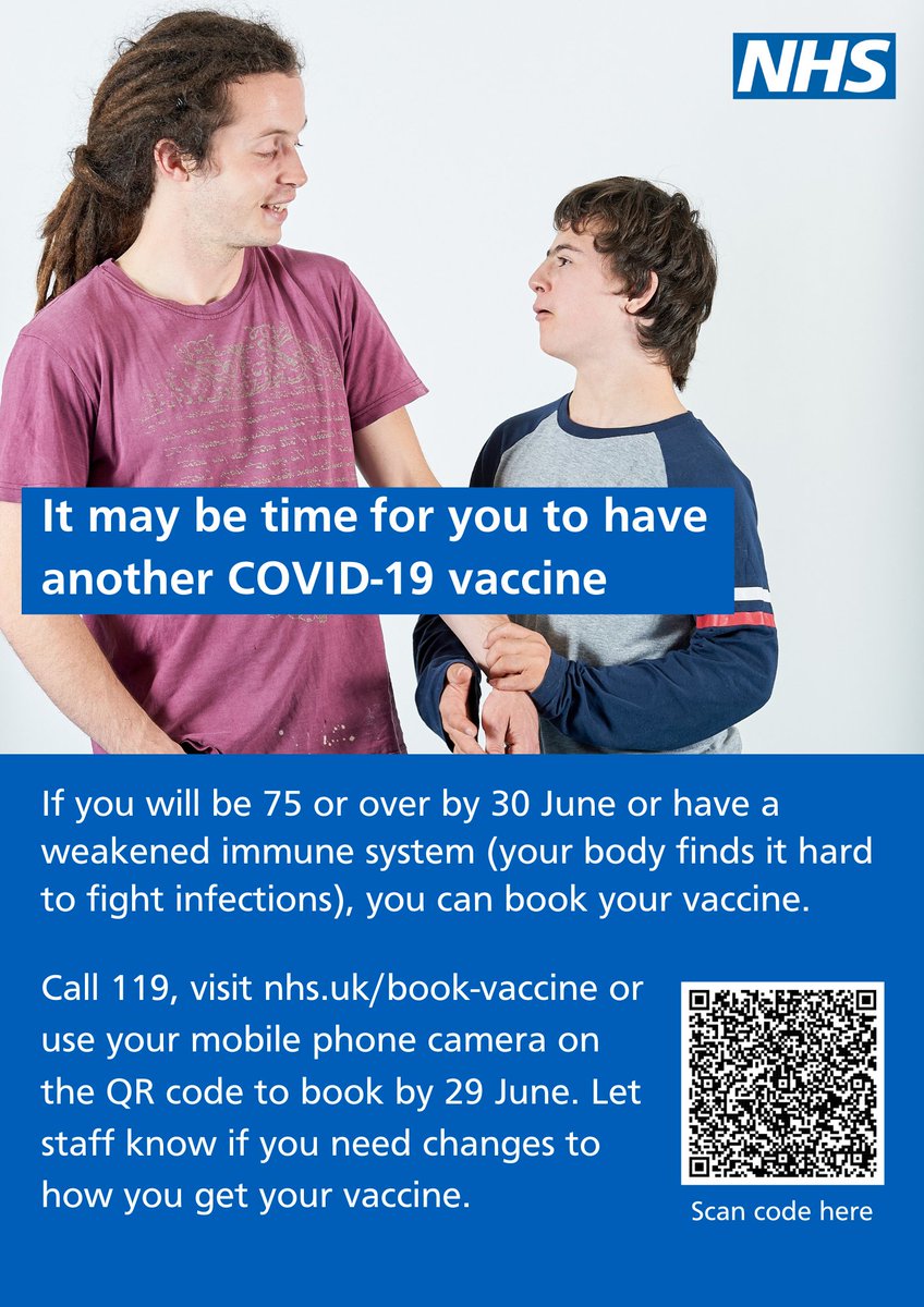Bookings are open for COVID-19 vaccinations this spring If you're 75 or over, or you have a weakened immune system, you can book your free COVID-19 vaccination. Make sure you're protected this spring. Book your vaccination appointment at nhs.uk/book-vaccine or by calling 119