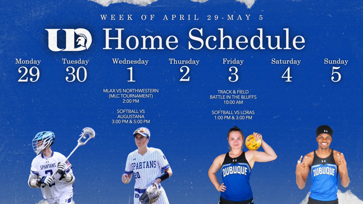 Final week of @UDubuque Home Athletic Events!⬇️ 5/1/24 - @dubuqueMlax vs Northwestern (MN) in the MLC Tournament Semifinals 5/1/24 & 5/3/24 - @DubuqueSoftball hosts two doubleheaders this week against Augie and Loras 5/3/24 - @UDTFXC hosts the Battle in the Bluffs