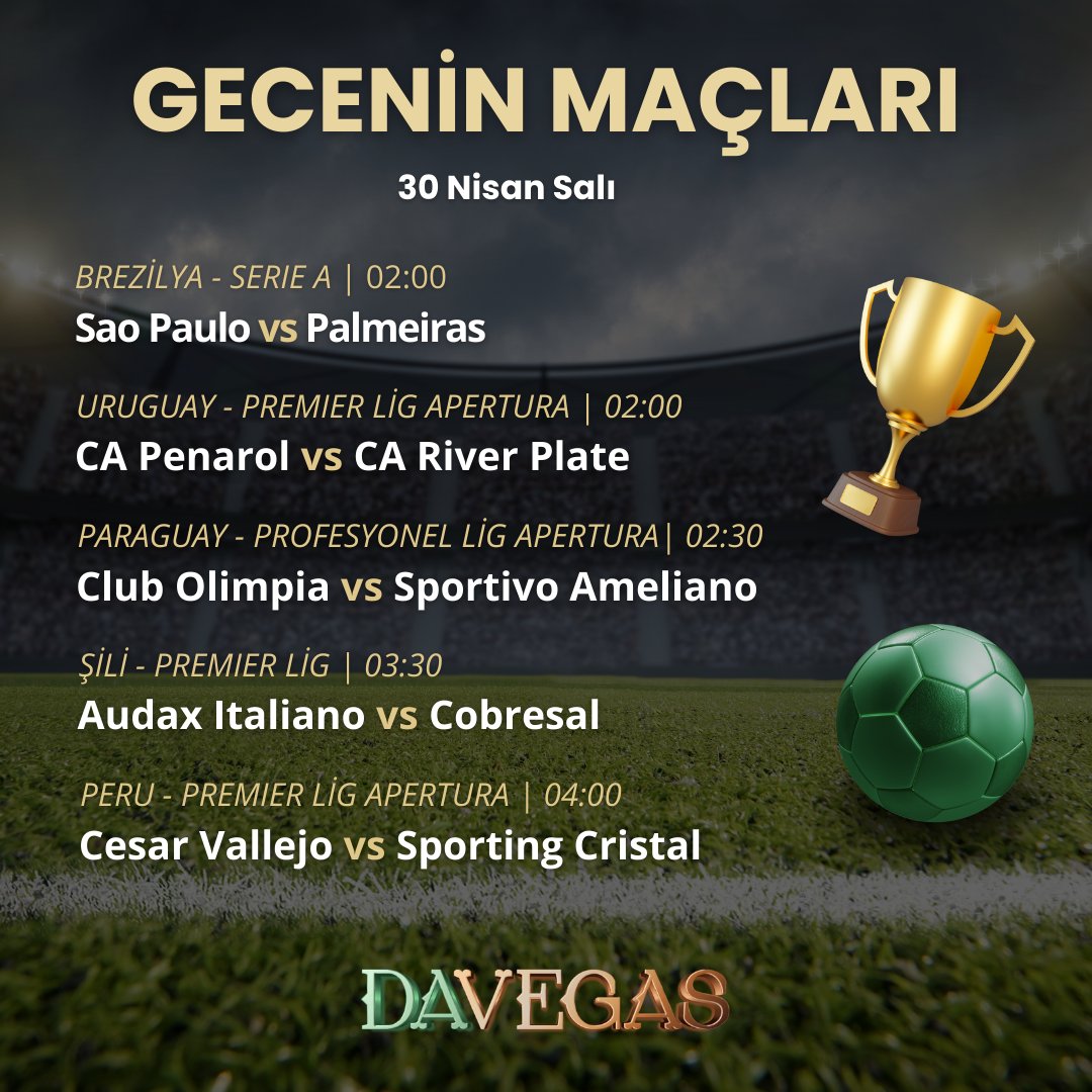 🌑 Brezilya Serie A'da son 3 maçlarında sadece 1 galibiyet alabilen 2 takım Sao Paulo ve Palmeiras karşı karşıya gelecek. Gecenin maçlarını #Davegas'la bahsini yaparak takip et! Davegas Giriş: bit.ly/3TaG3Jd