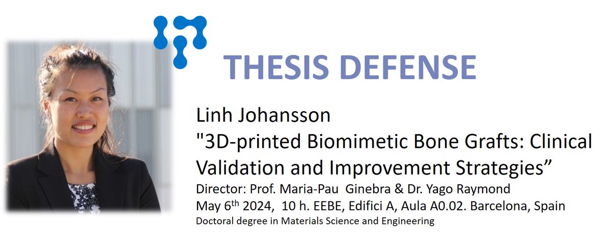 BiomaterialsUPC's tweet photo. Linh Johansson will be presenting her PhD thesis (#DoctoratIndustrial @canaluniscat) on Monday, May 6th 2024, at @EEBE_UPC. A collaboration between @MimetisBio &amp; BBT, the defence will consist of two parts: a public exhibition &amp; a part restricted only to authorized people https://t.co/HvYLFOrEjA