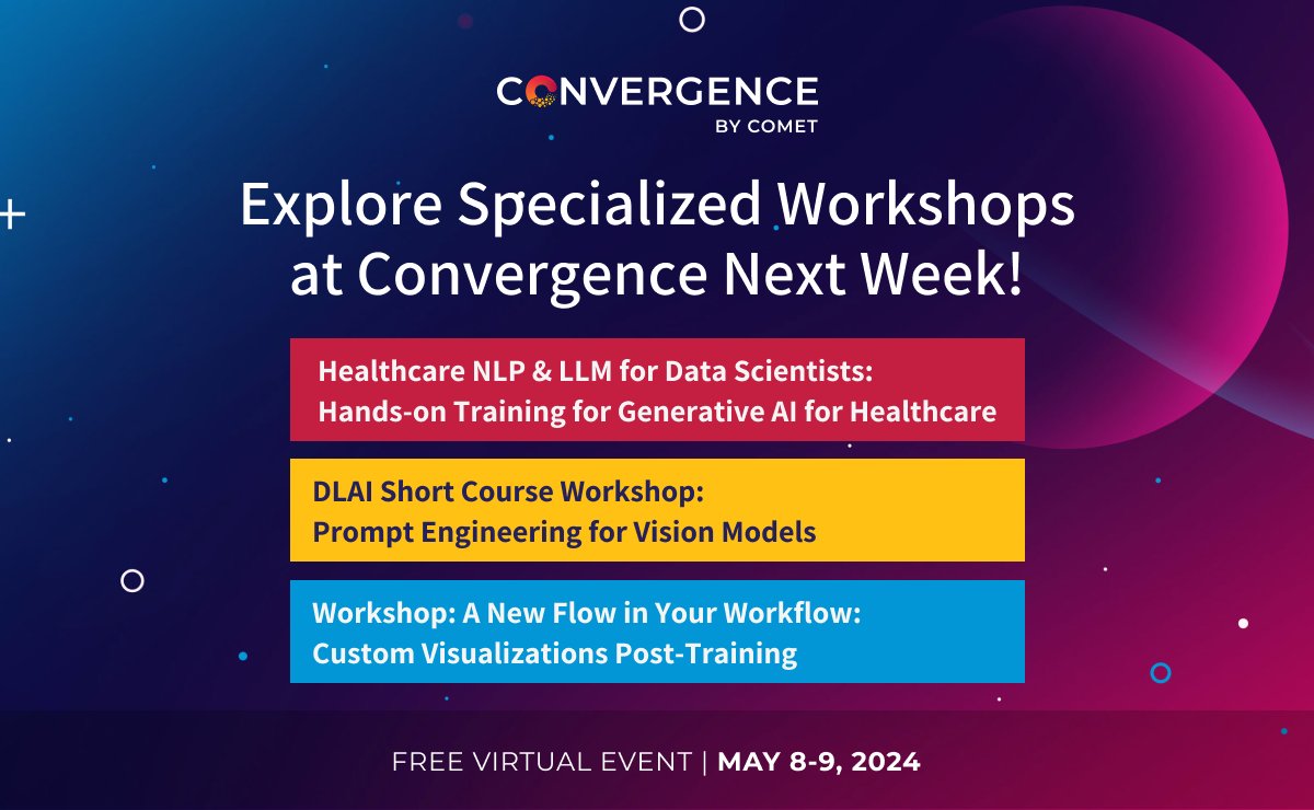 Elevate your #AI skills at #ConvergenceConference w/ their expert-led workshops: 🏥 Healthcare AI w/ @JohnSnowLabs Master #VisionAI with Abigail Morgan & @CalebKaiser 📊 Advanced #dataViz w/ @DougBlank Free registration 👉 comet.com/site/convergen… #MachineLearning #DataScience…