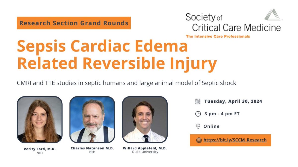 Want to learn about sepsis-induced cardiac injury 💔
Zoom link shared via SCCM Connect.ion's Grand Rounds, 3-4 PM EST. The zoom link shared via SCCM Connect.
<a href="/SCCM_Research/">SCCM Research Section</a> <a href="/SCCM/">SCCM</a>