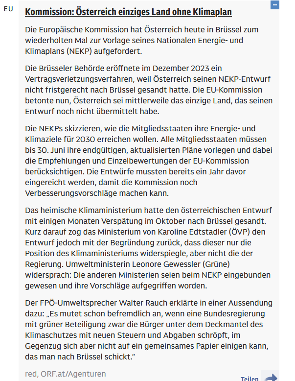 Die Regierung scheitert nicht nur am Klimaschutzgesetz, sondern auch am Nationalen Energie- und Klimaplan (NEKP). Die Europäische Kommission fordert Österreich auf, endlich einen Plan vorzulegen. Wir sind mittlerweile das EINZIGE Land in der EU, das keinen Plan zusammenbringt.