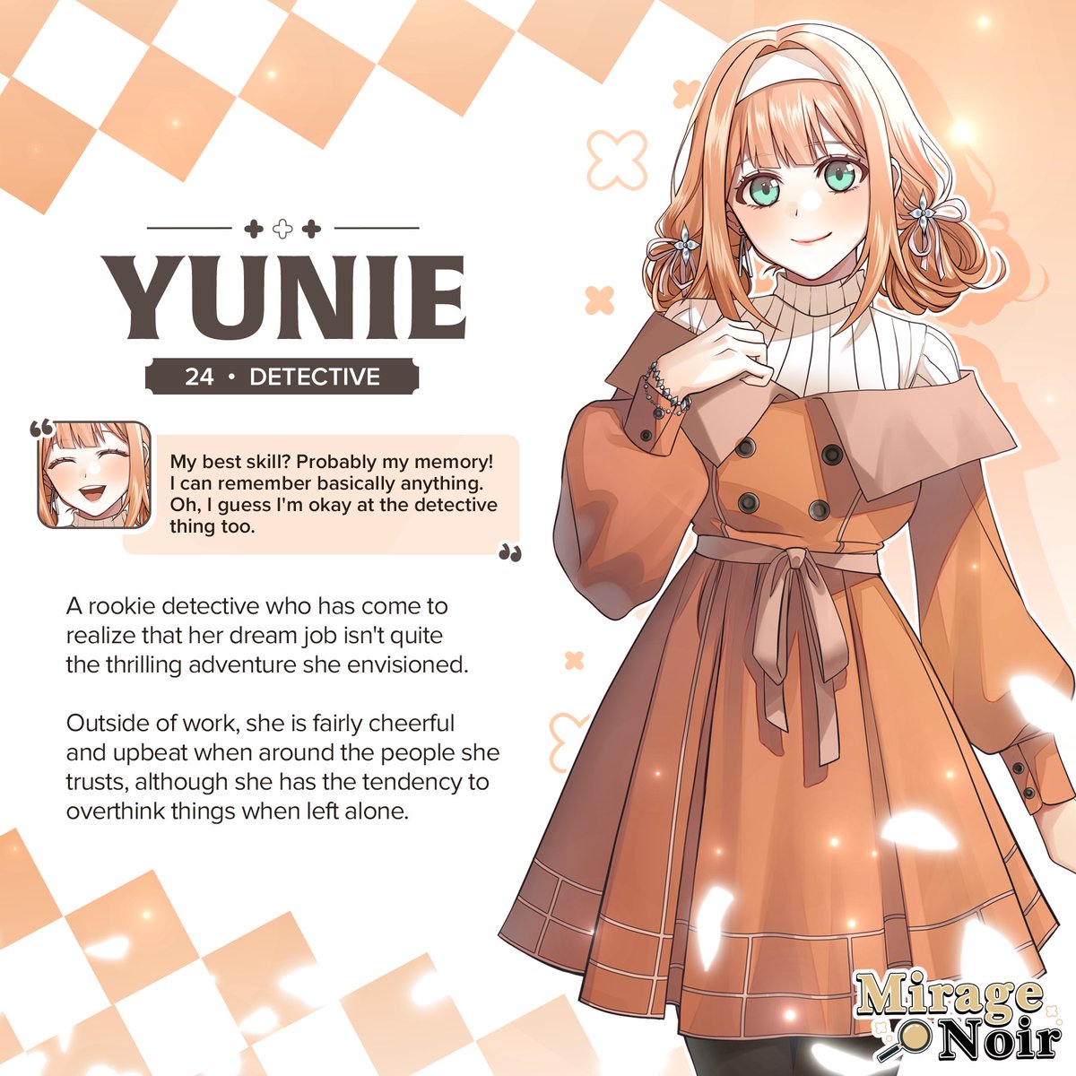 🔍 Character Introduction Meet our protagonist Yunie (name changeable), a detective on the hunt for her first case. She has a lively personality and an even livelier imagination.