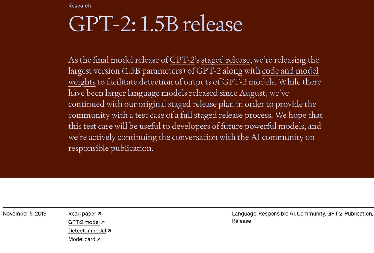 my guess is this mysterious 'gpt2-chatbot' is literally OpenAI's gpt-2 from 2019 finetuned with modern assistant datasets.

in which case that means their original pre-training is still amazing and better than everyone else's 4 years later