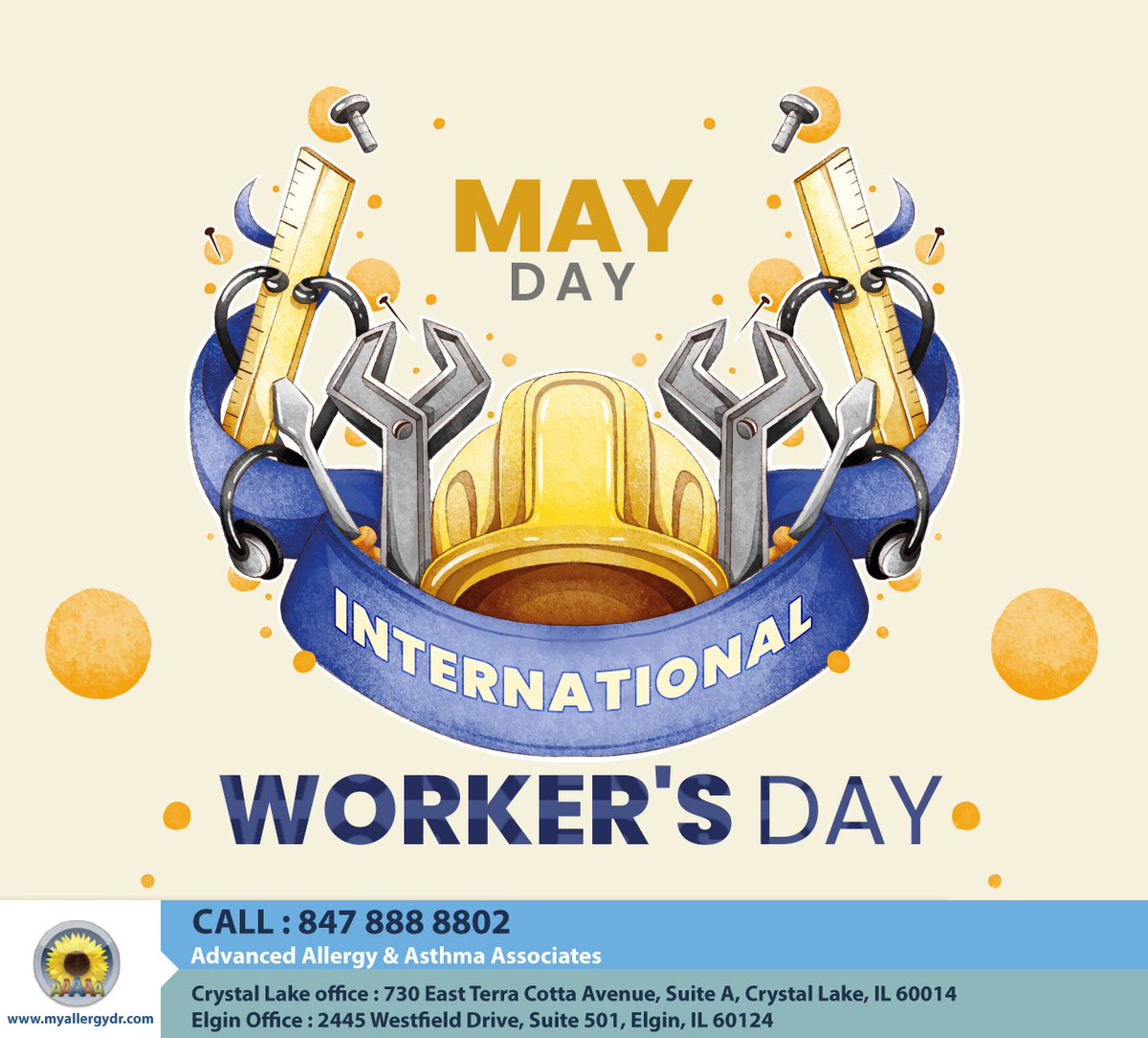 Today is a celebration of life as we know it. We would not be able to prosper without the contributions and hard work of workers from all walks of life. Sending good wishes your way this May Day. #mayday #crystallake #IL #myallergydr