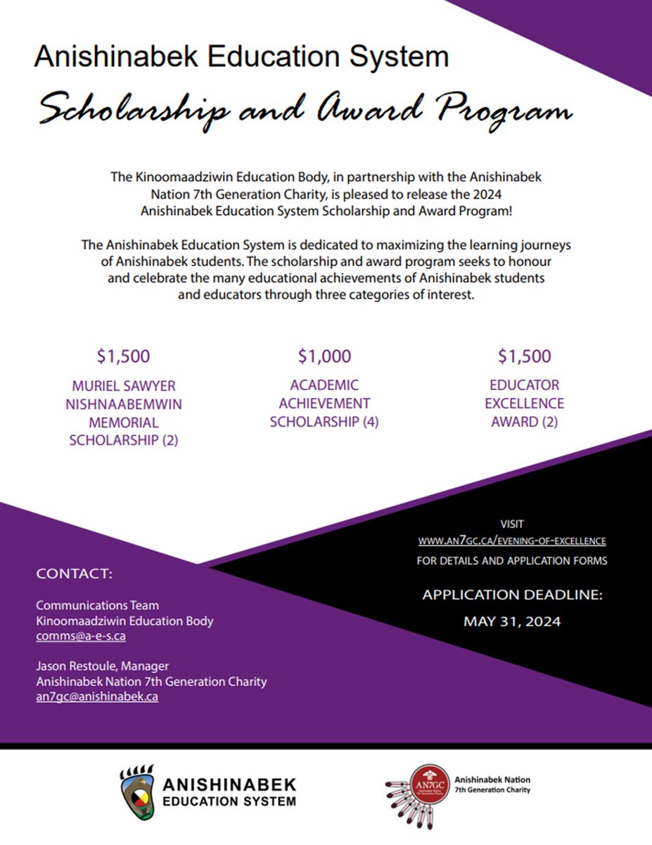 #SCHOLARSHIP OPPORTUNITY! We are proud to offer #Secondary and #PostSecondary #Anishinaabe #students an opportunity to apply for one of our 2024 #Scholarships!
Deadline to apply: May 31, 2024
#Application information: an7gc.ca/evening-of-exc…