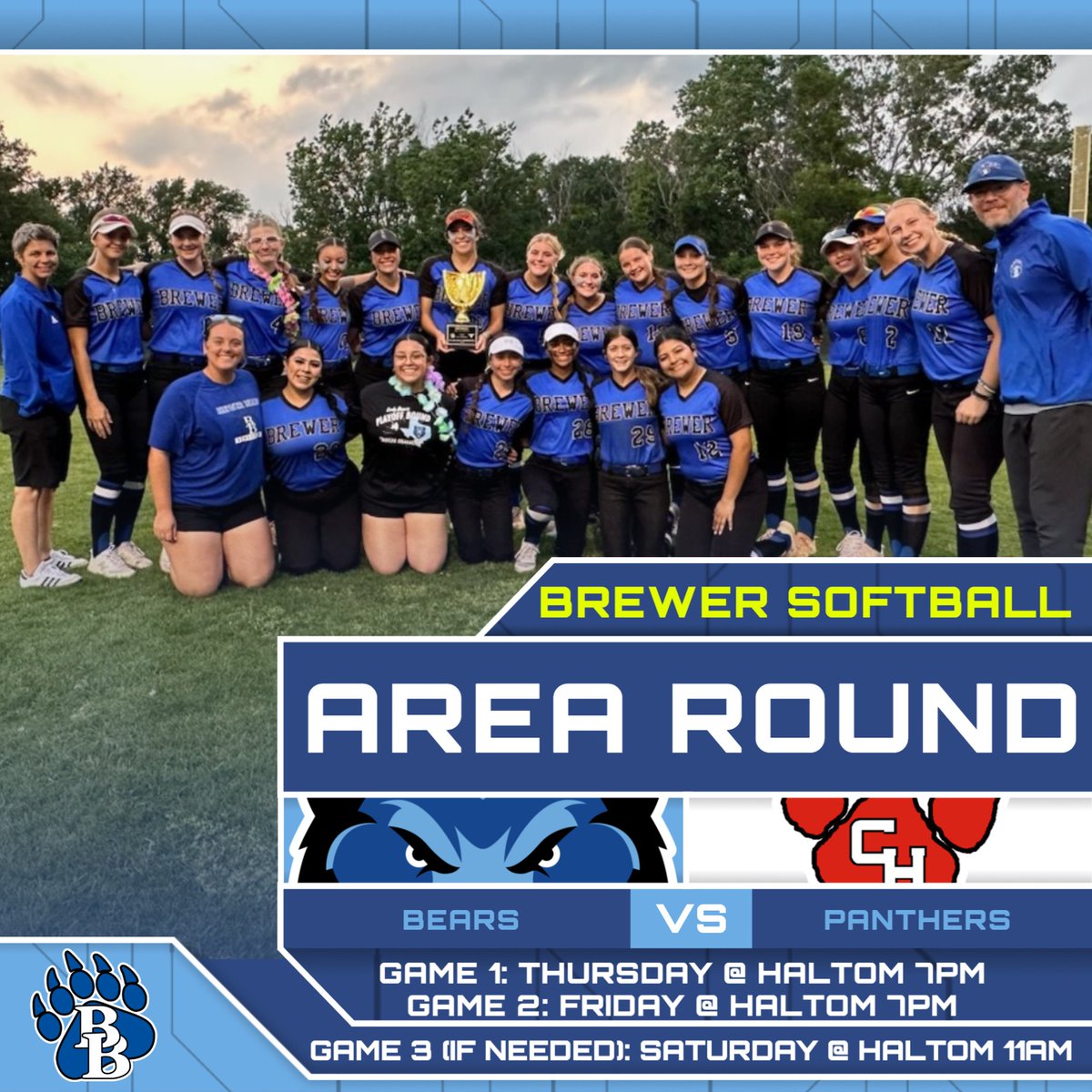 BrewerAthletics's tweet photo. 🥎AREA ROUND SCHEDULE🥎@BrewerSoftball will take on Colleyville Heritage in the Area round this weekend, All games will be at Haltom in a best-of-3 series:
Game 1: Thursday, 7 PM
Game 2: Friday, 7 PM
Game 3 (If Needed): Saturday, 11 AM
Tickets: $6/$4 https://t.co/FyBCdVdKBn
