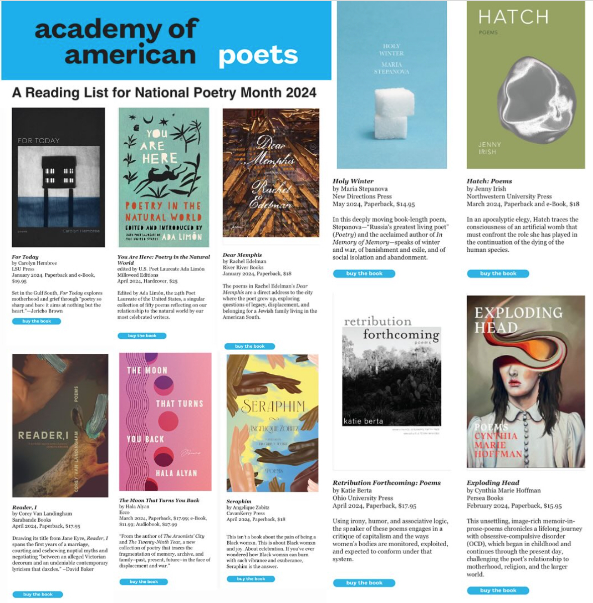 My new collection, FOR TODAY (@lsupress), is on the @POETSorg Reading List for National Poetry Month w/ my fave new beauties: @CynthiaMHoffman's EXPLODING HEAD, Angelique N. Zobitz's SERAPHIM, Jenny Irish's HATCH, @rachelsedelman's DEAR MEMPHIS, Maria Stepanova's HOLY WINTER.