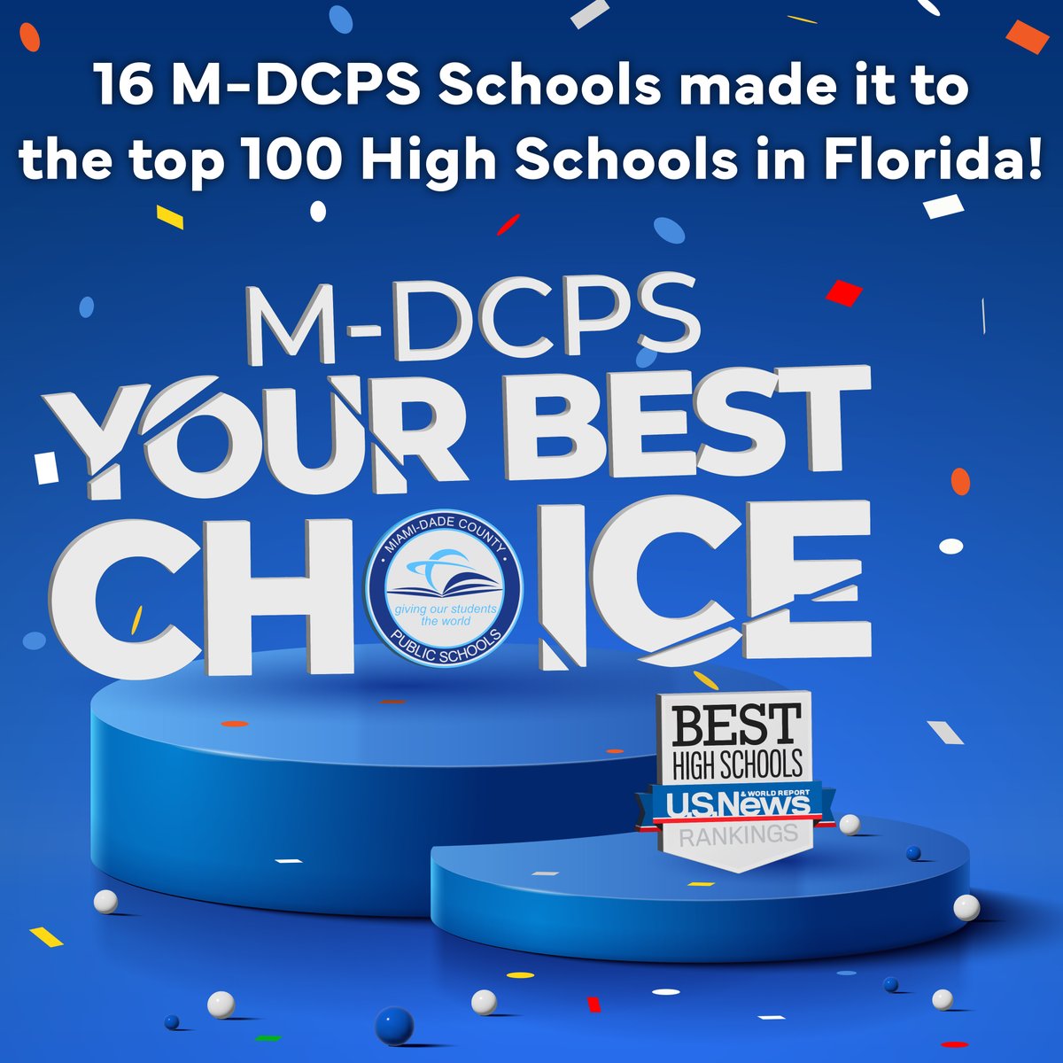 Exciting news! 16 @MDCPS schools have been named among the top 100 high schools in Florida by @usnews! This achievement showcases the excellence and dedication within our schools. Proud to be YOUR best choice for quality education. #YourBestChoiceMDCPS