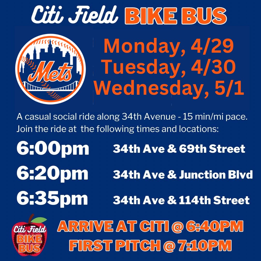 Join our friends from Citifieldbikebus along @34_Ave to @citifield on Mon, Tue & Wed for all 3 games of series vs @cubs! Meet bike bus at 6pm on @34_ave & 69 St, or join in. No bike? No worries there are @citibike stations close to meeting points. #OpenStreets #bikebus