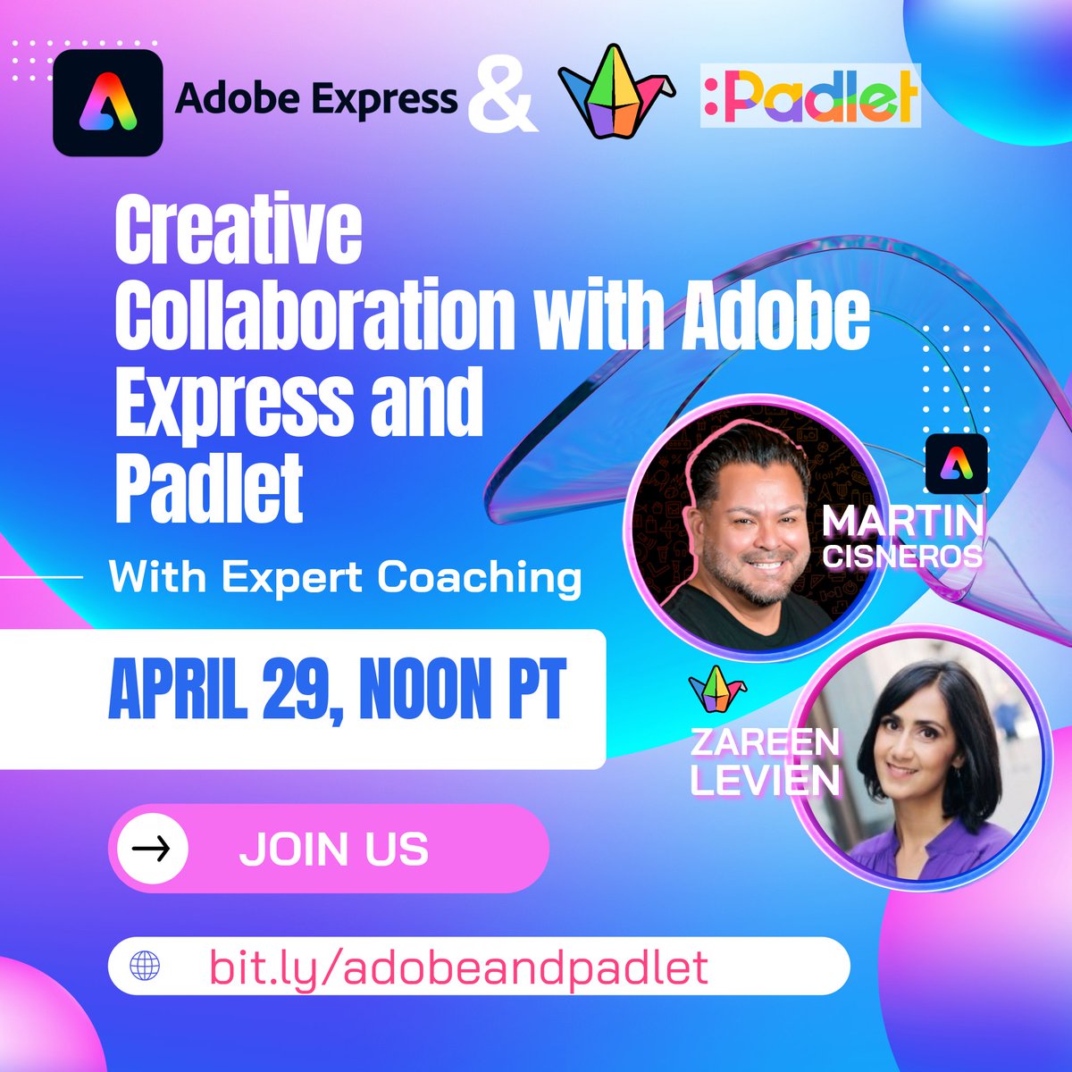 Dive into creativity with @AdobeExpress & @Padlet! Join our FREE webinar with experts @thetechprofe & @MsZareen. Explore AI-driven design tools and perfect your collaboration skills! 📅 Don’t miss out! Unlock your classroom’s potential! 📷 bit.ly/adobeandpadlet #CreativeEd