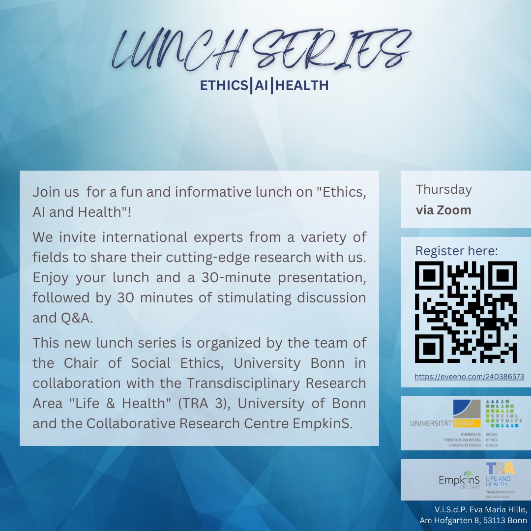 EvaMariaHille's tweet photo. Our Lunch Series is back! Kathryn MacKay kicks things off in May (in Bonn &amp; online) and talks to us about #virtue #ethics and #public health. In June,
@CohenProf will give an overview about #legal and #ethical issues of using #AI in medicine. Register now https://t.co/qUUYam3J3f https://t.co/OfER5zqQGQ