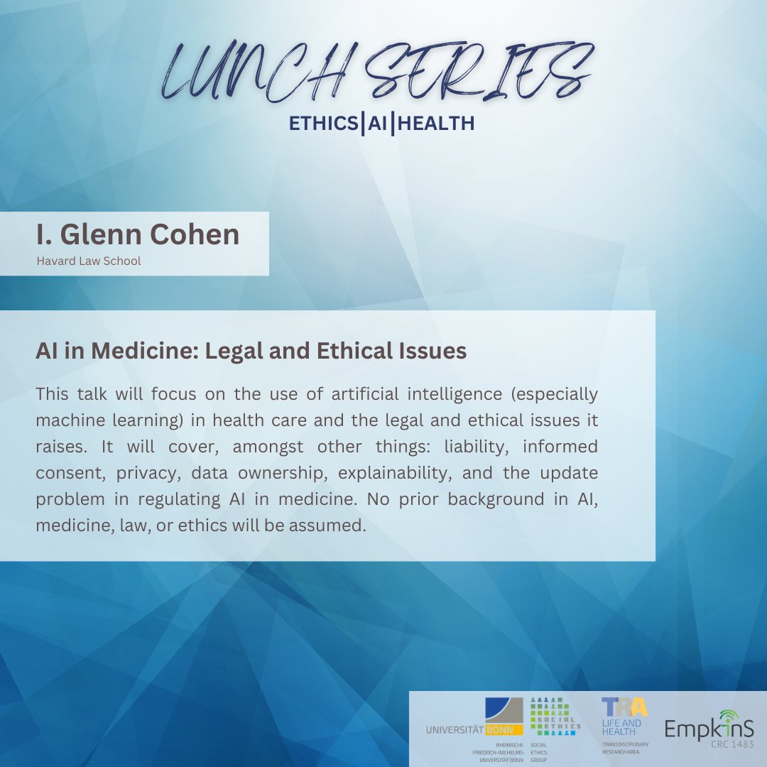 EvaMariaHille's tweet photo. Our Lunch Series is back! Kathryn MacKay kicks things off in May (in Bonn &amp; online) and talks to us about #virtue #ethics and #public health. In June,
@CohenProf will give an overview about #legal and #ethical issues of using #AI in medicine. Register now https://t.co/qUUYam3J3f https://t.co/OfER5zqQGQ