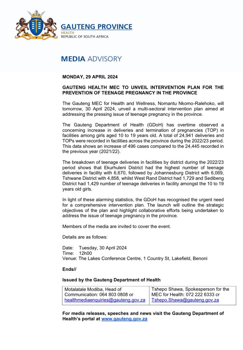 MEDIA ADVISORY || GAUTENG HEALTH MEC TO UNVEIL INTERVENTION PLAN FOR THE PREVENTION OF TEENAGE PREGNANCY IN THE PROVINCE