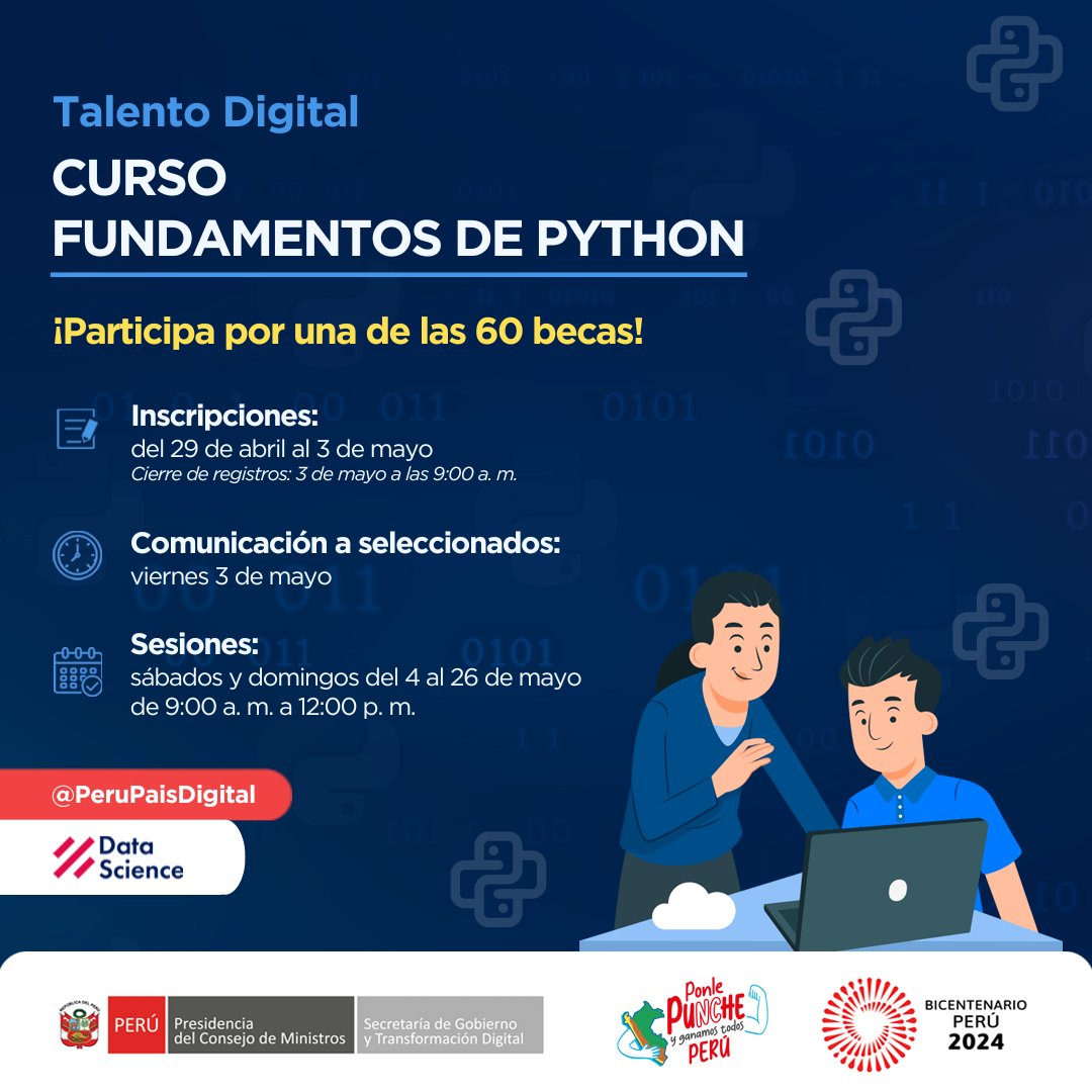 #PorUnPerúDigital | ¿Quieres formarte como analista de datos, científico de datos o ingeniero de datos?
No esperes más y conoce los conceptos básicos de programación en Python, uno de los lenguajes más requeridos en el mercado.

#Python #TalentoDigital #CienciaDeDatos