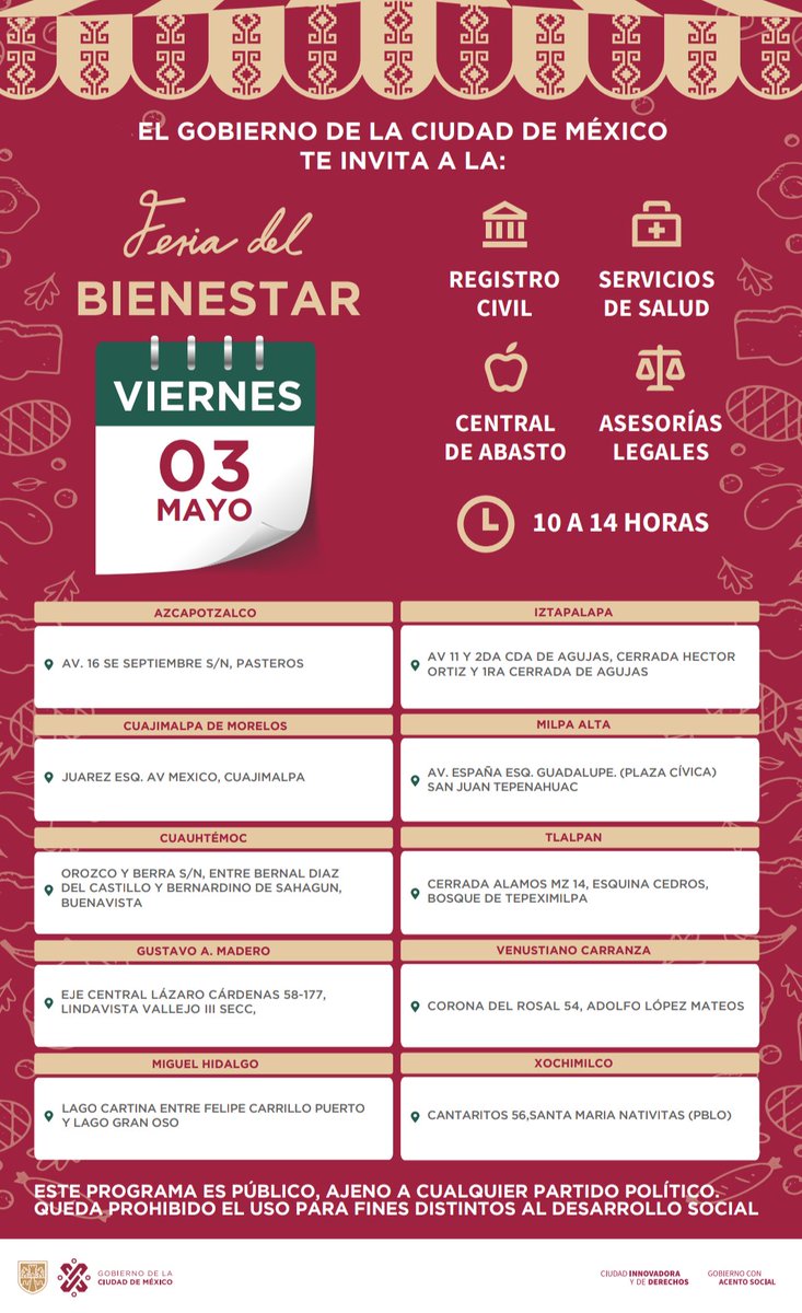 🎪Conoce la ubicación de las #FeriasDelBienestar del @GobCDMX de esta semana que brindan servicios y trámites gratuitos. 🤲🏽❤️ Módulo de #SaludEnTuVida 📃Copias de actas de nacimiento del @DGRCivilCDMX ⚖️ Asesoría jurídica con la @CDMXConsejeria y más ⏰De 10 a 14 horas