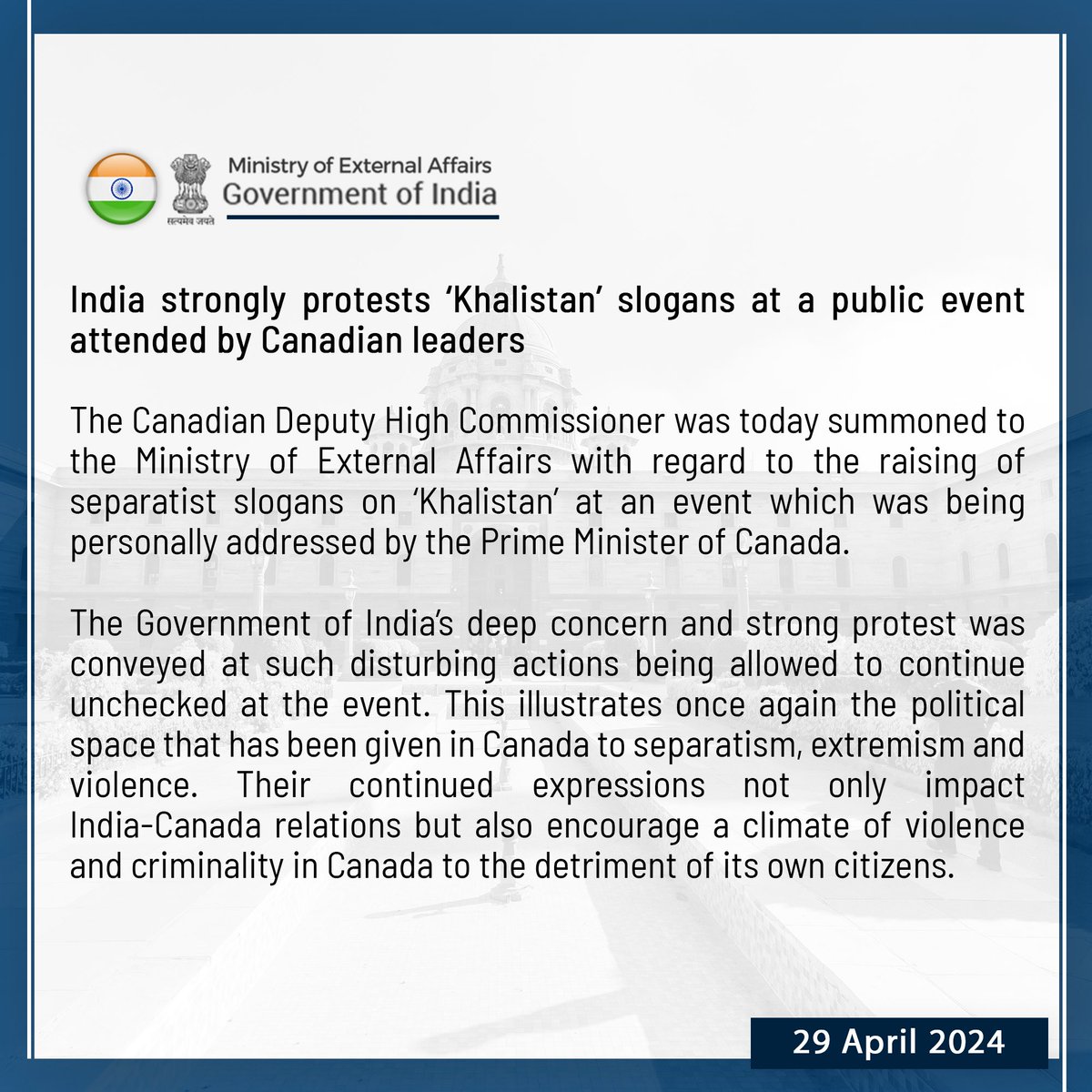 BREAKING- India strongly protests 'Khalistan' slogans at a public event attended by Canadian leaders: