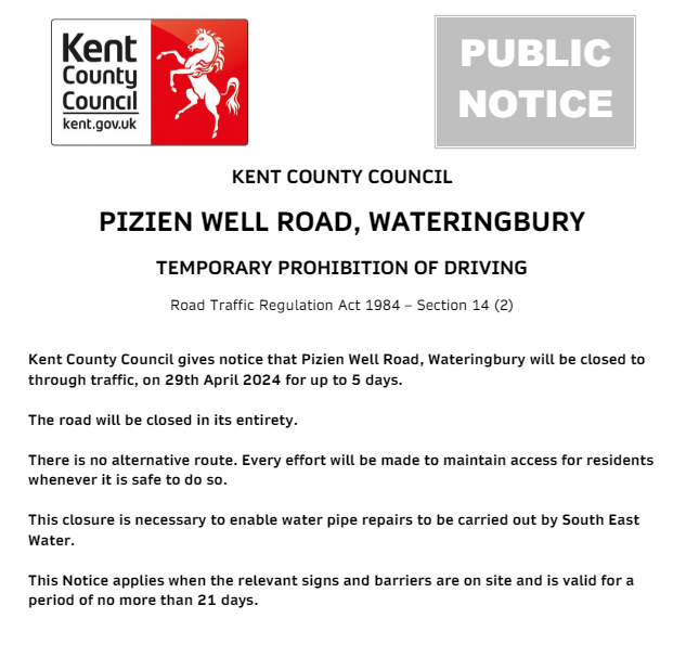 Wateringbury, Pizien Well Road: Road closed 29th April for up to 5 days to allow for @sewateruk repair works: moorl.uk/?8g8nnh