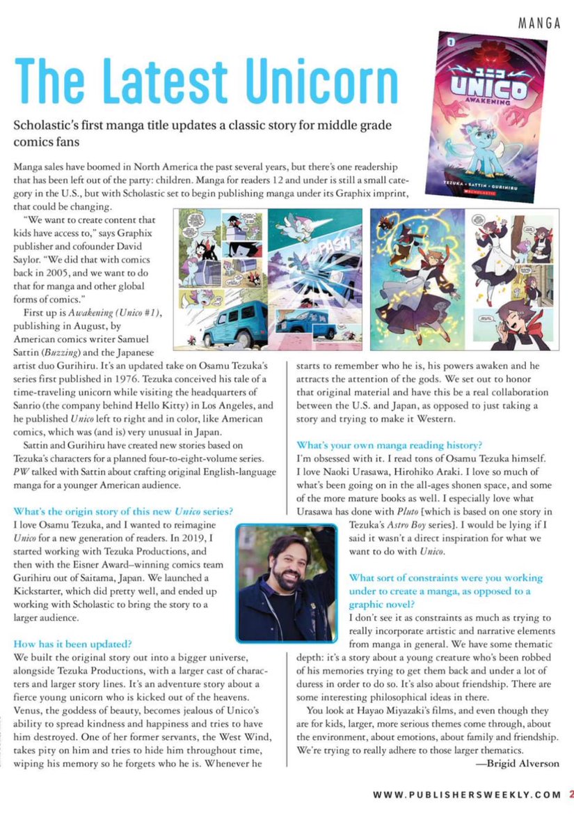 So grateful to Publishers Weekly for featuring this piece by Brigid Alverson on Scholastic's foray into manga with Unico: Awakening and, well, myself(!), in its most recent print issue! You can also read the article online here: publishersweekly.com/.../94913-the-…...
