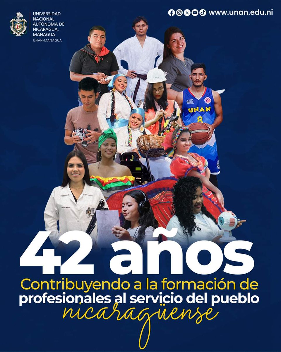 Felicidades a nuestra bendita Alma Máter @UNANManagua por llegar a su 42 aniversario de haberse constituido como institución educativa superior, siempre al servicio del pueblo! ✊️ #UnidosEnVictorias #SomosUNANManagua @JaimeNindiri