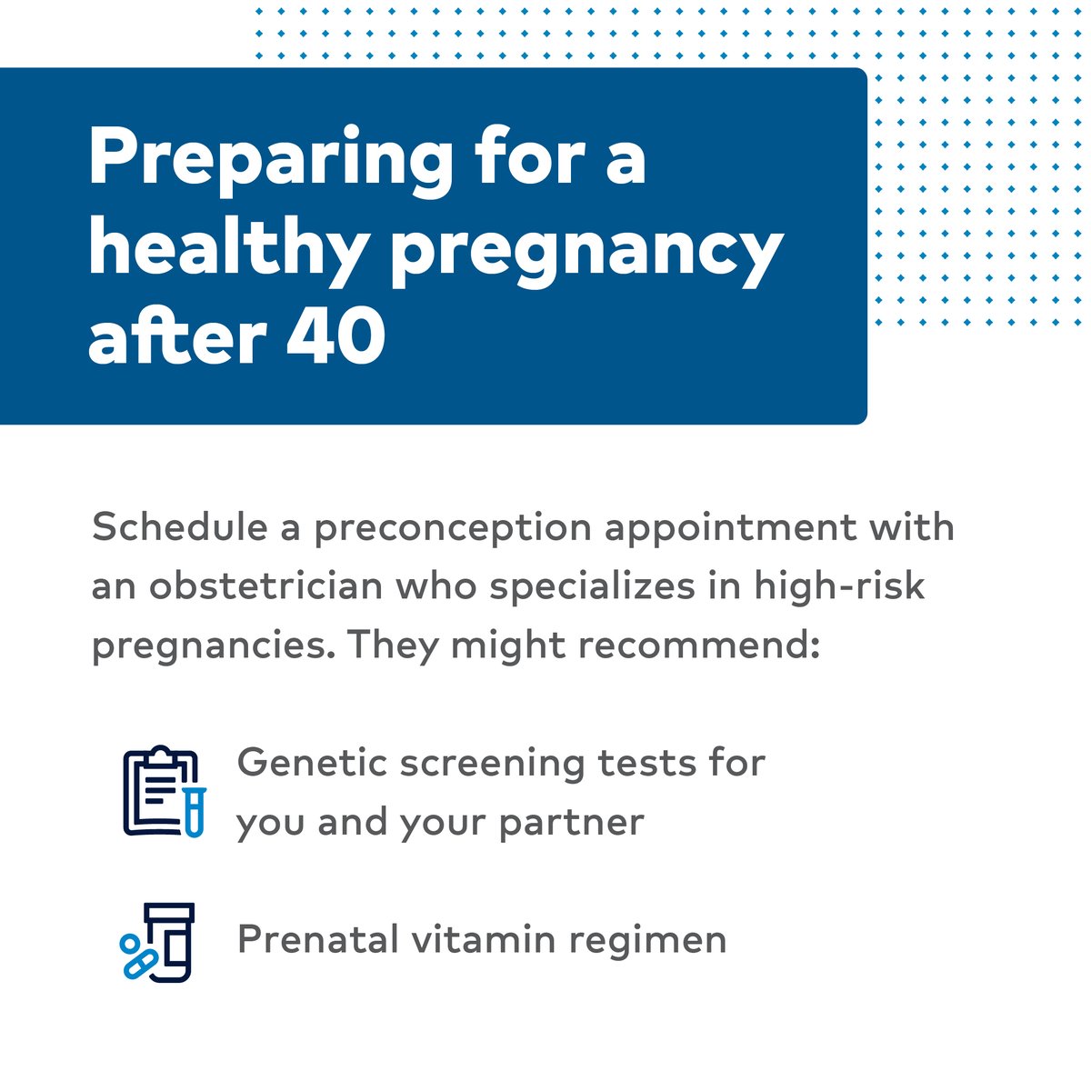 While age can affect your fertility, it doesn't mean you can't have a baby later in life. Find out how you can improve your chances of having a healthy #BabyAfter40.

Find a physician - bit.ly/3JG13kS

#HealthierTomorrows #ImproveMoreLives