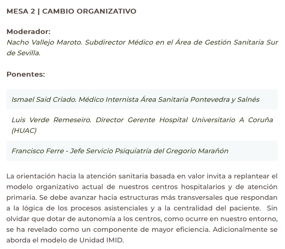 #JornadasSigno | MESA 2. CAMBIO ORGANIZATIVO 🟠 XVII #Jornadas de #Gestión y #Evaluación en #Salud (8, 9 y 10 mayo #Ourense) 🗣️@ismaelsaid (@ponsalsergas), Luis Verde (@CHUAC_Sergas) y @fferrenavarrete (@CEIMIHGUGM) 🎙️@ivmaroto_nacho (@AGSSurSevilla) 🔗 xviijornadasgestion.com