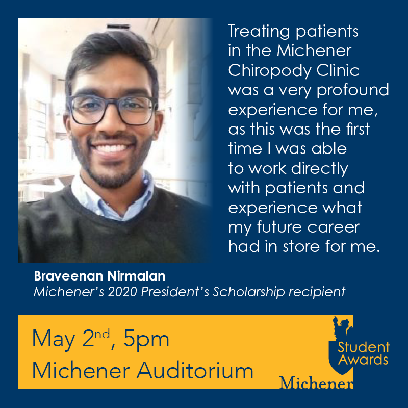 When your hard work helps the community it gets noticed, just ask Braveenan. The 2024 Michener Student Awards is our chance to highlight future healthcare stars. #StudentAwards2024