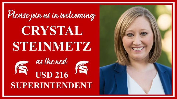 Please join us in welcoming Mrs. Crystal Steinmetz as the next Superintendent of USD 216 
#InTheArena #Spartans216