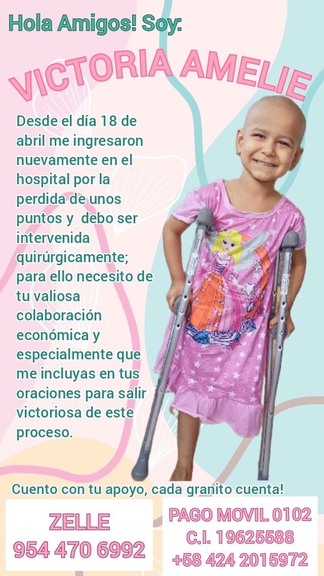 Victoria está hospitalizada desde hace más de una semana ya que perdió unos puntos y la deben operar de nuevo para cortar un poquito más el hueso, no se ha podido intervenir porque tiene los valores bajos. Aquí les dejo la imagen con los datos para quienes quieran apoyarla.