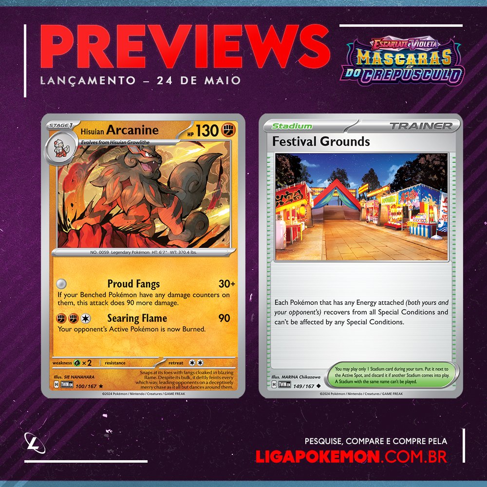 Vocês gostam de acompanhar previews tanto quanto a gente? A @PokemonTCG tá a todo vapor para #TwilightMasquerade 🎭 e soltou mais alguns cards pra aumentar nossa hype!

Confiram aqui 😁

#PokemonTCG #Pokemon