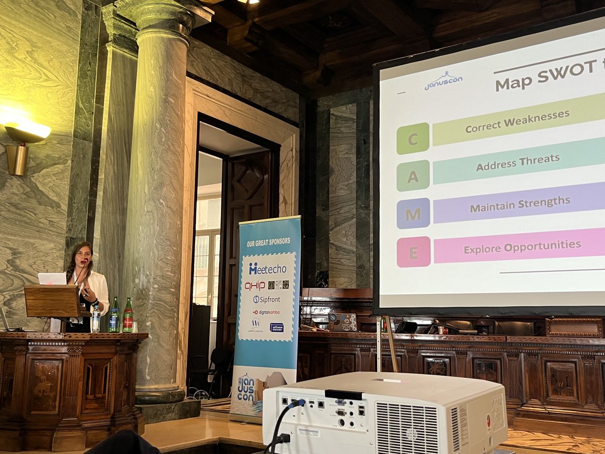 The one and only ⁦<a href="/lightbluen/">LightBlueN</a>⁩ on stage at #JanusCon2024, talking about SWOT analysis