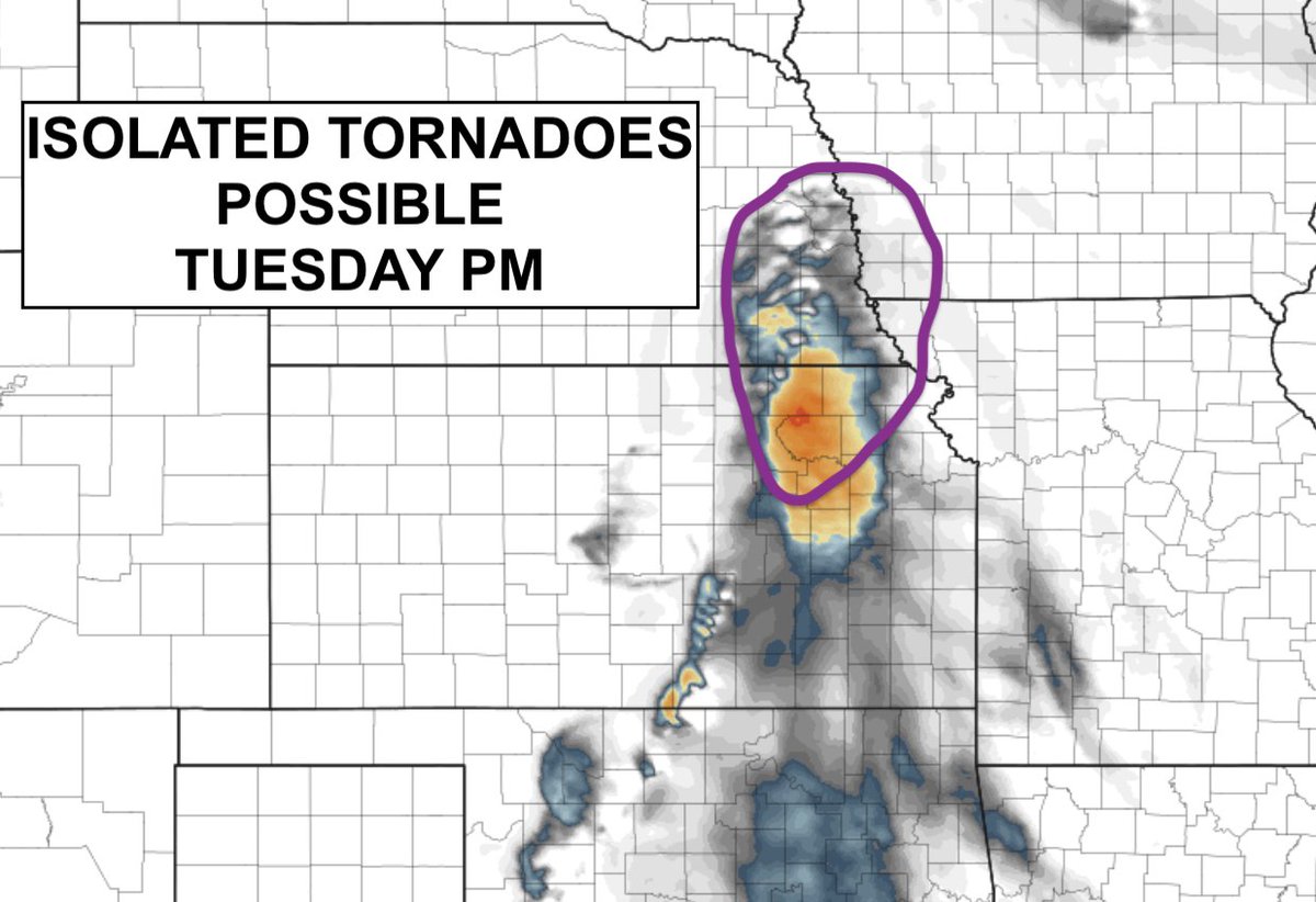 ISOLATED TORNADO THREAT appears to be increasing for Tuesday afternoon and evening across southeastern Nebraska into northeastern Kansas as another trough ejects across the Great Plains. Strong low-level wind shear and ample instability looks to overlap in the purple circled…
