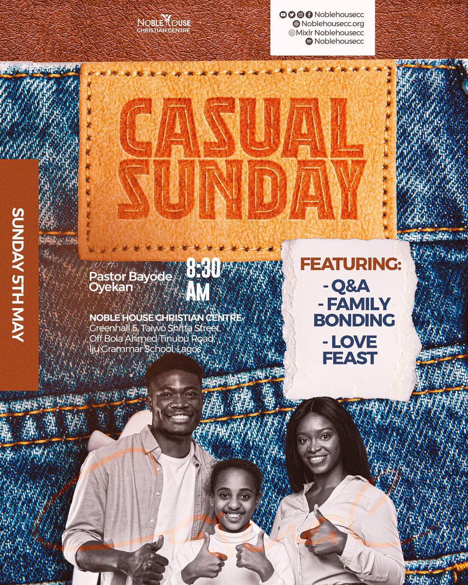 Noblehousecc's tweet photo. It's that exciting time of the year again! We are ushering into the second quarter of the year with CASUAL SUNDAY. 

You know the drill:
- Q&amp;AS
-Family Bonding
-Love Feast

May 5th is the date, 8:30AM is the time! 

For more enquiry, please send a DM
#family #familyday #lovefeast https://t.co/cvUz4wfYn8
