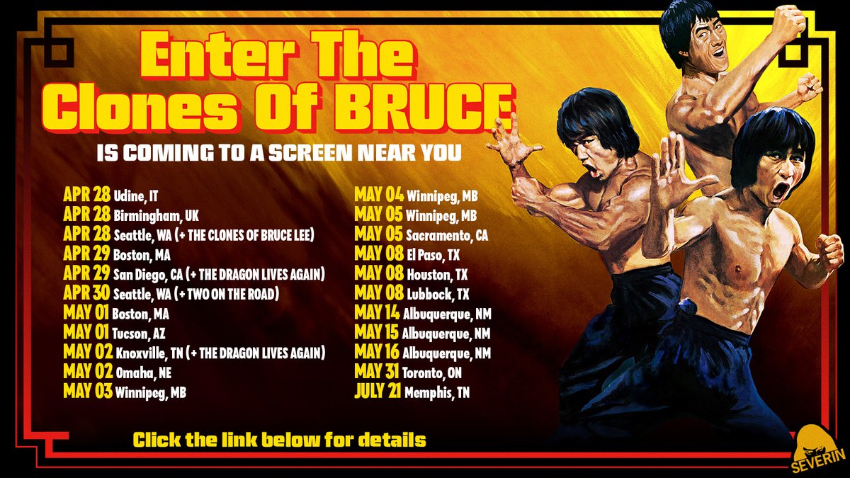 Several more North American theatrical dates have been added for the ongoing ENTER THE CLONES OF BRUCE tour. Check out the official SEVERIN EVENTS PAGE to see if we're coming to your town. severinfilms.com/pages/events