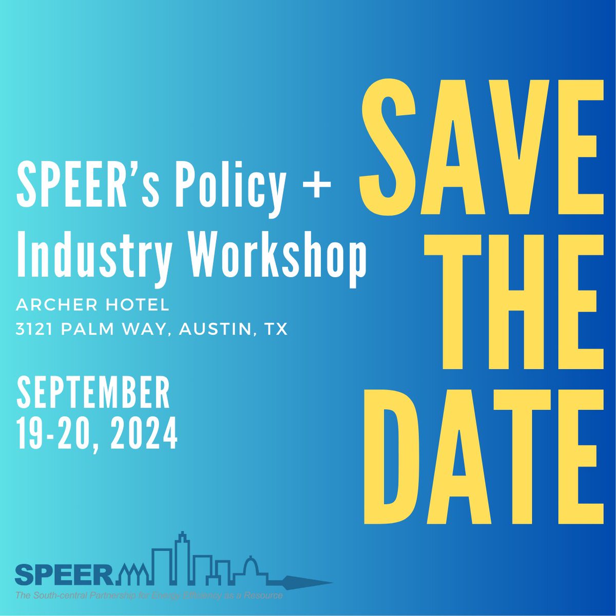 This year's SPEER Industry + Policy Workshop will be held in Austin at the Archer Hotel on September 19-20th. Take a look at our event page to browse sponsorship opportunities and save your spot. We look forward to seeing you in the fall! ow.ly/T3av50RqPqz