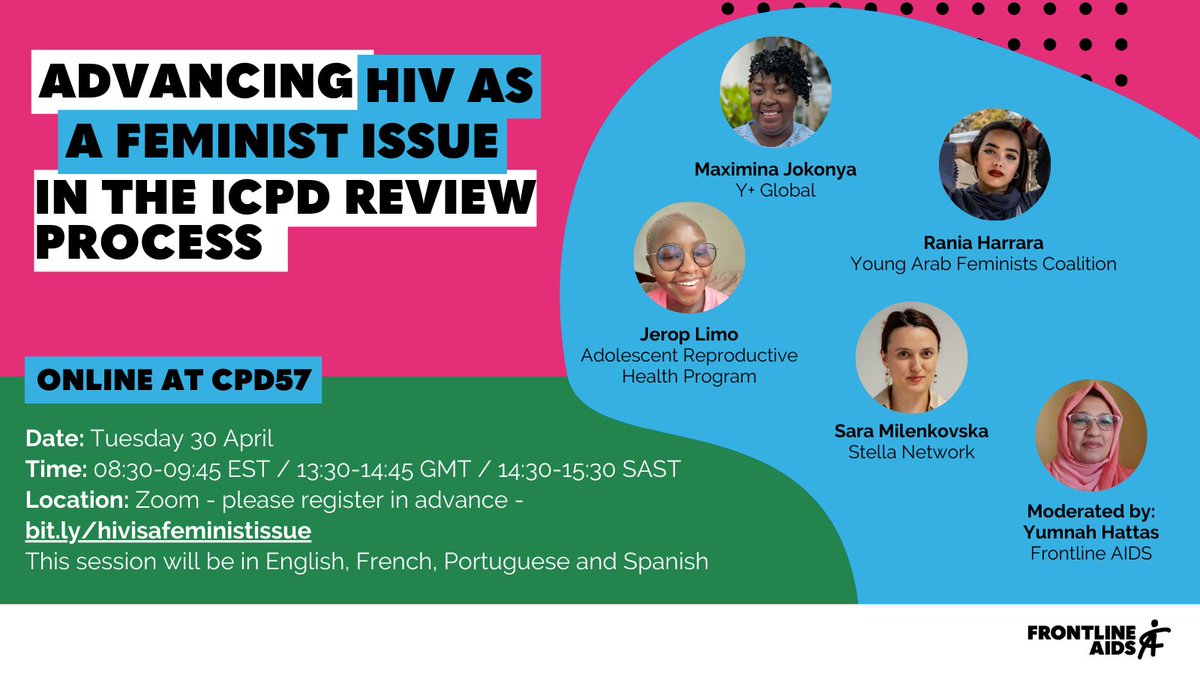 🗓️ Join us tomorrow @ #CPD57 to learn more about: ➡️Prioritising #HIV as a feminist issue. ➡️Advocating for HIV with #SRHR programming. ➡️Impact of anti-rights movements on HIV response + human rights. ➡️Lessons learned from HIV response. 🔗us02web.zoom.us/webinar/regist…