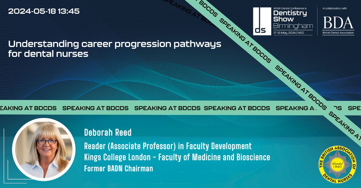 On 18 May 2024, Dr Debbie Reed,  Associate Professor at King's College London and former BADN Chairman, will be speaking at the Dentistry Show’s Dental Nurses' Forum at NEC Birmingham. 

Register here buff.ly/38tKmK1 

#badn #dentalnurse #BDCDS24