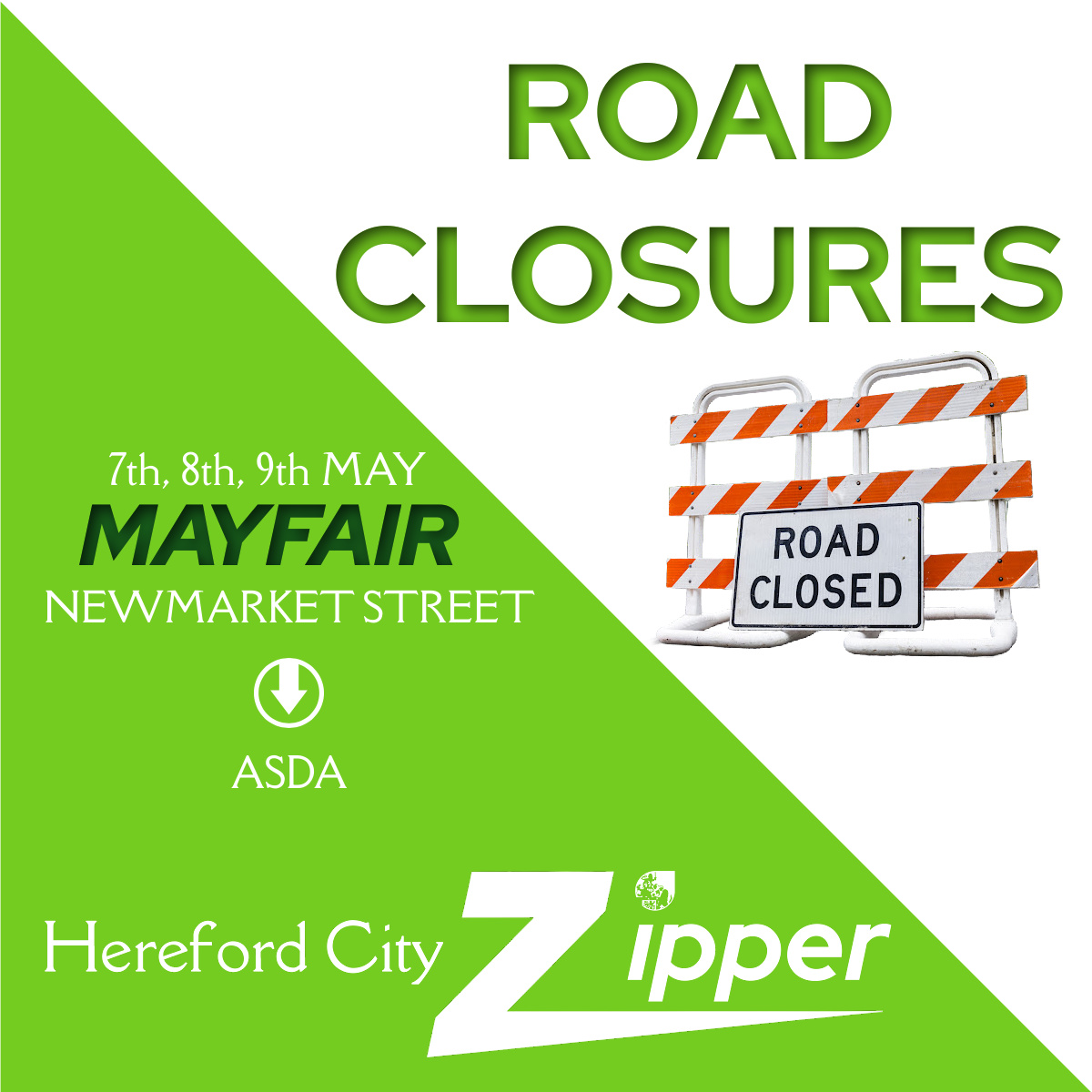 The #Hereford City Zipper bus will be affected by a few of the May Fair Road Closures on Tues 7th to Thurs 9th May. Please note that due to road closures for the May Fair the City Zipper will not be able to serve the stops at Broad Street, Bridge Street or St Martins Street.