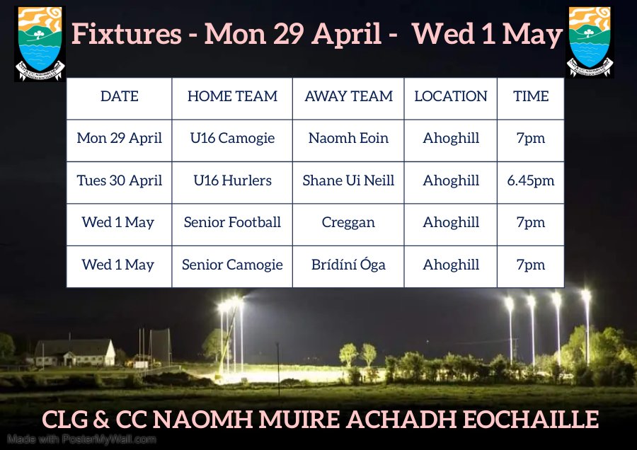 Fixtures for Monday 29 April - Wednesday 1 May. Good luck to all our teams and management. We will keep you updated with any changes. ❤️🖤