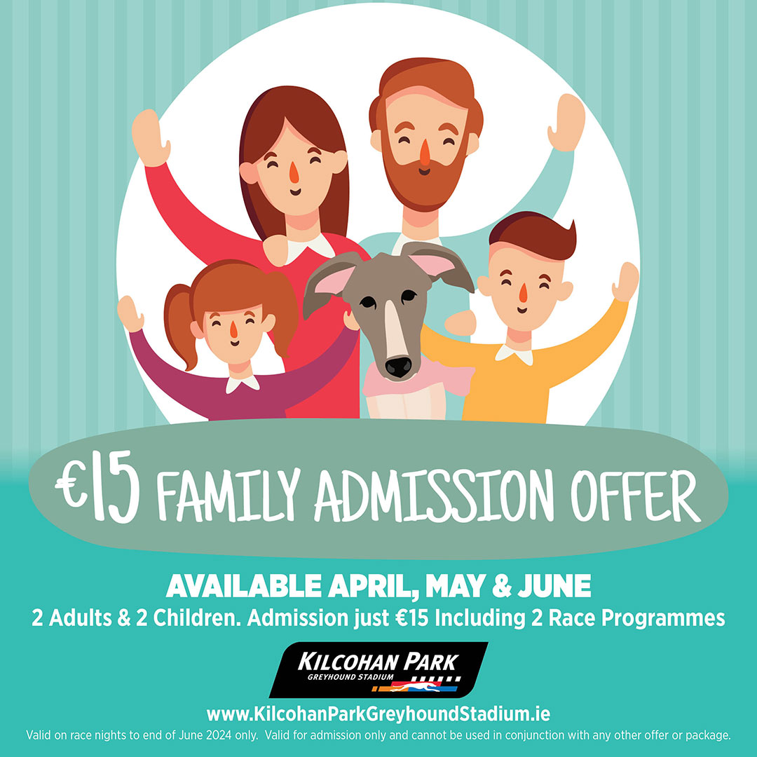 Make family memories this bank holiday with our Family Offer!👨‍👩‍👧‍👦 Enjoy a family night out for less! Our new admission offer gives 2 adults & 2 kids racing admission & 2 race programmes for just €15!🎫 Check it out on grireland.ie/go-greyhound-r… #GoGreyhoundRacing #ThisRunsDeep