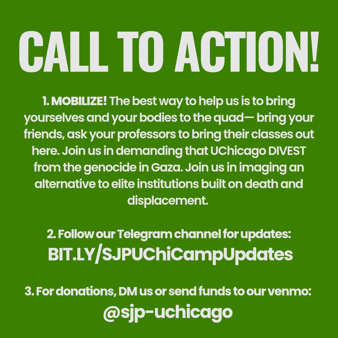 CHICAGO: Join @SJPatUChicago encampment at the University of Chicago NOW!!!!!