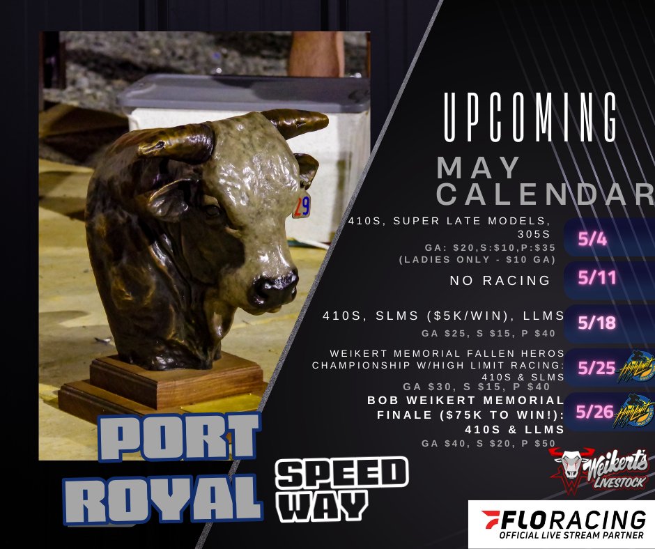 Let’s move to May 👀 Take a look at what the next month has in store at Port Royal Speedway. Lots of excitement coming up, especially the end of the month with our friends from @HighLimitRacing 💰💰💰