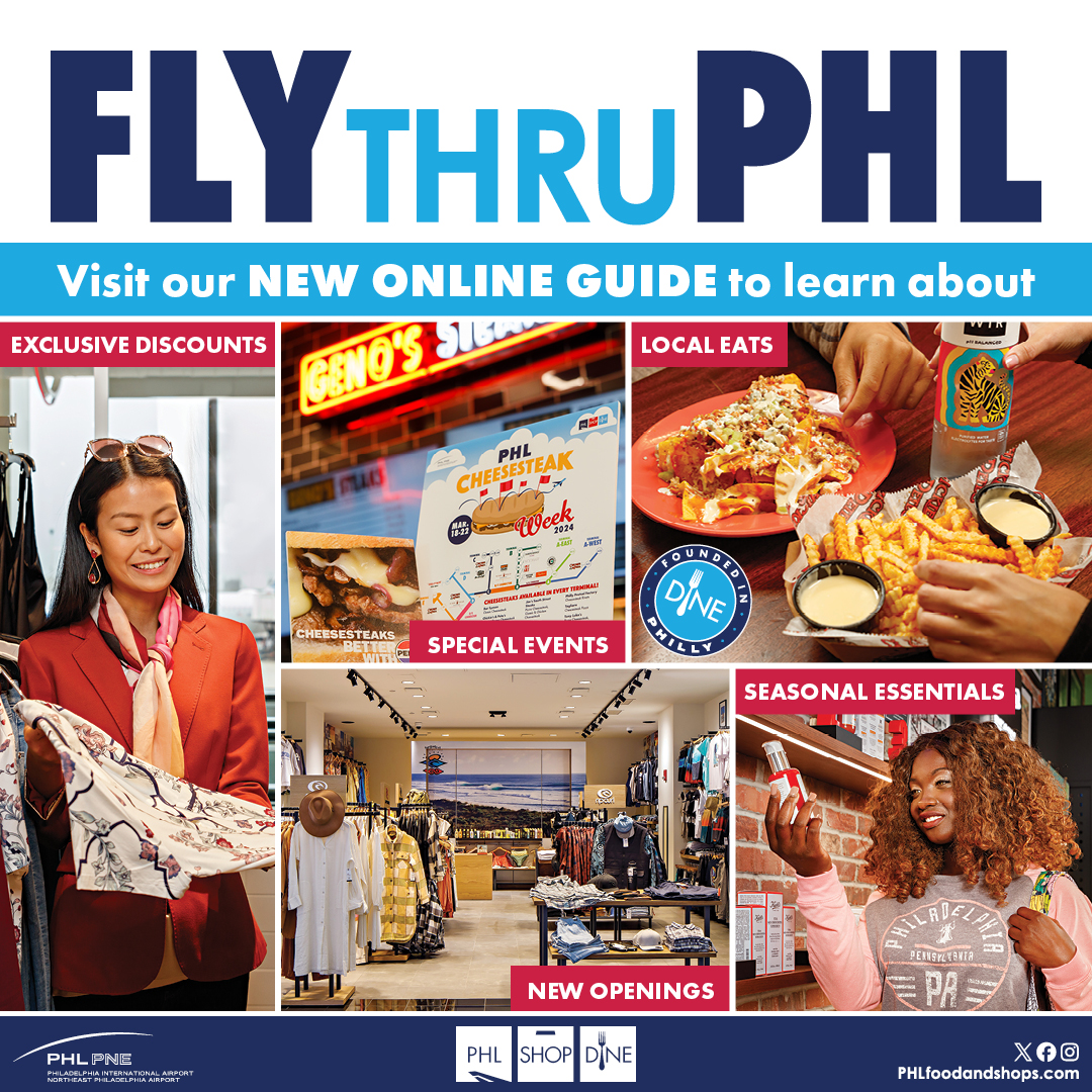 Flying through #PHLAirport soon? Be sure to check out Fly Thru PHL, @phlfoodandshops' new online guide with info on deals, special events and more. Find out more: phl.org/newsroom/FlyTh…