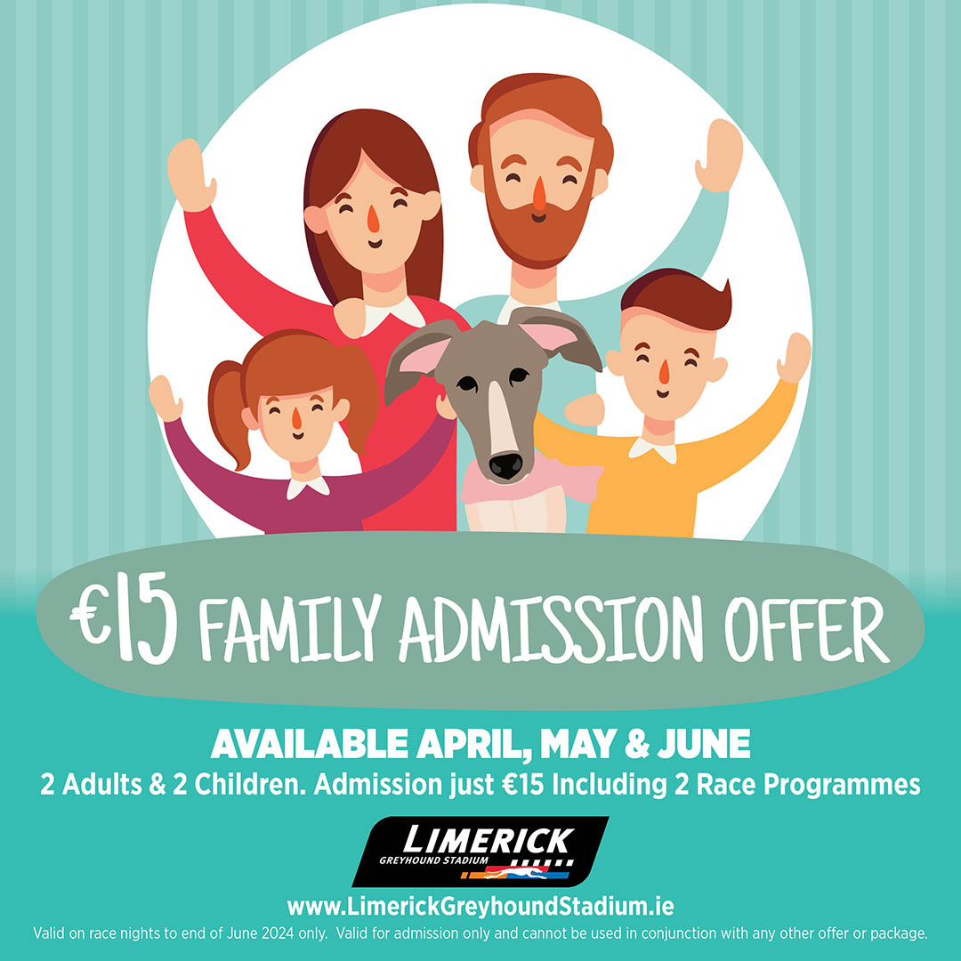 Make family memories this bank holiday with our Family Offer!👨‍👩‍👧‍👦 Enjoy a family night out for less! Our new admission offer gives 2 adults & 2 kids racing admission & 2 race programmes for just €15!🎫 Check it out on grireland.ie/go-greyhound-r… #GoGreyhoundRacing #ThisRunsDeep