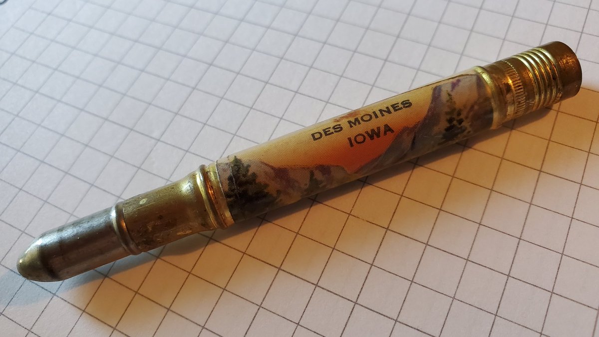 Pencil of the Day: Bullet Souvenir Pencil

Never forget the wonderful time you had, fishing and bathing in the crystal, mountain lakes of (checks notes) Des Moines.