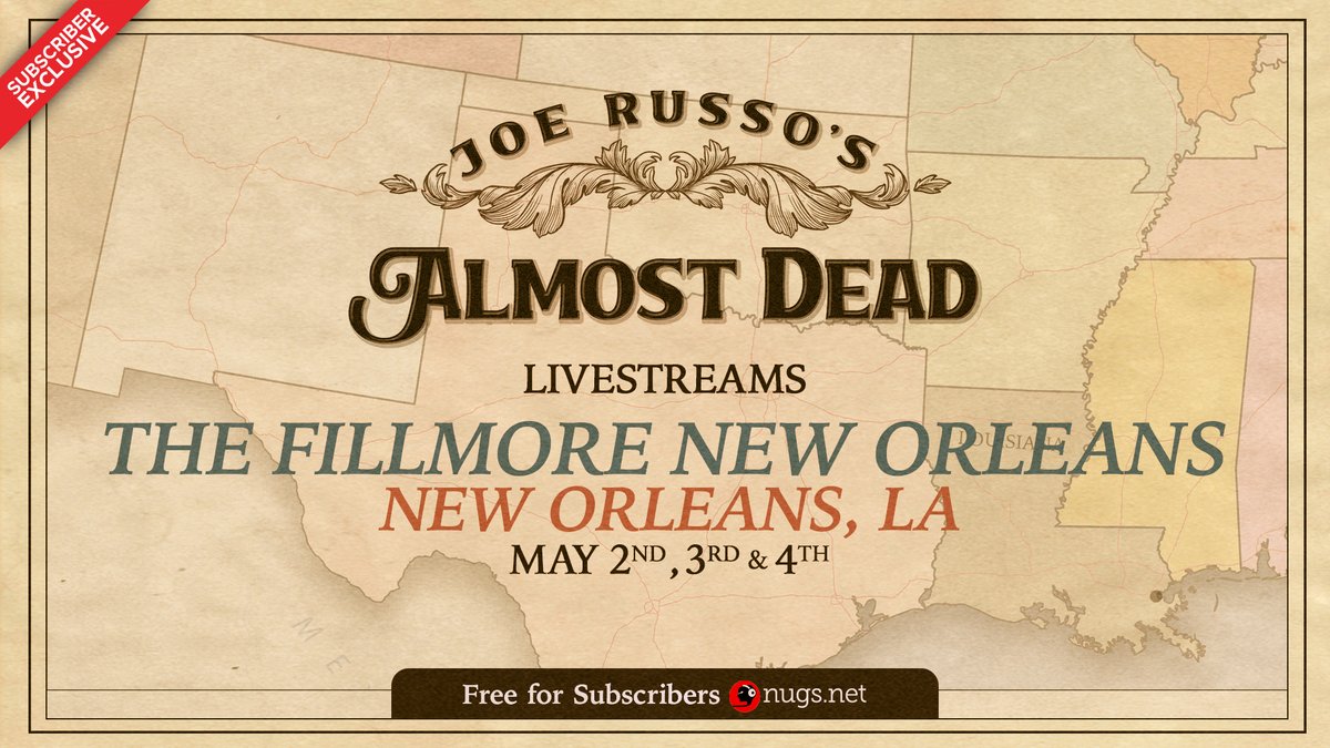 #JustAnnounced #LiveStreams New Orleans Webcasts THU, FRI,& SAT MAY 2, 3 & 4 @TheFillmoreNOLA Single night & 3 night packages available! Details here: nugs.net/jrad joerussosalmostdead.veeps.com