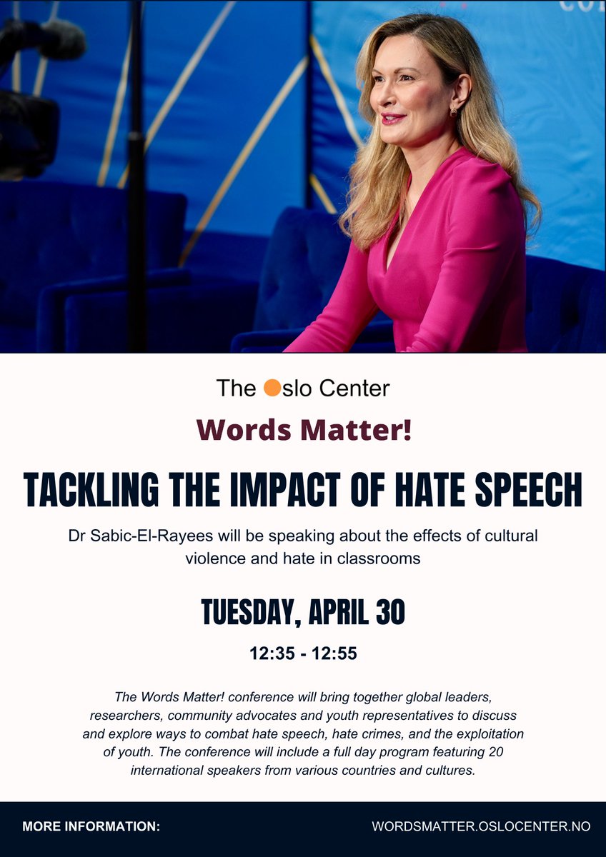 Join @amrasabicPHD as we delve into the crucial topic of cultural violence and hate in classrooms on 30 April at 12:35 pm at @TheOsloCenter. Let's tackle the impact of hate speech together. Head to this website for more information: wordsmatter.oslocenter.no