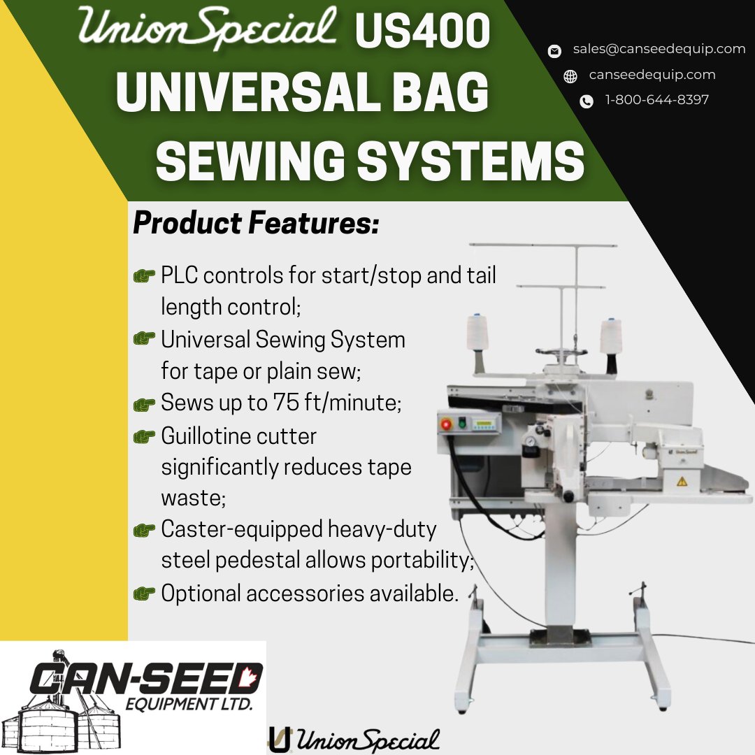 High speed automatic sewing systems for plain or tape sew applications.
The US400 Universal Bag Sewing Systems offer a variety of complete sewing setups and provide a PLC and LCD control panel, allowing the user full control of the chain or tape length.
For more information,